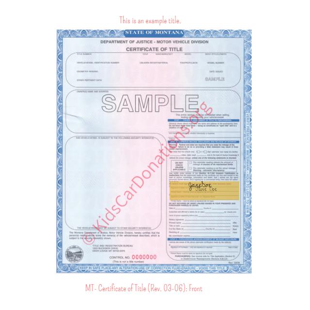 This is an Example of Montana Certificate of Title (Rev. 03-06) Front View | Kids Car Donations